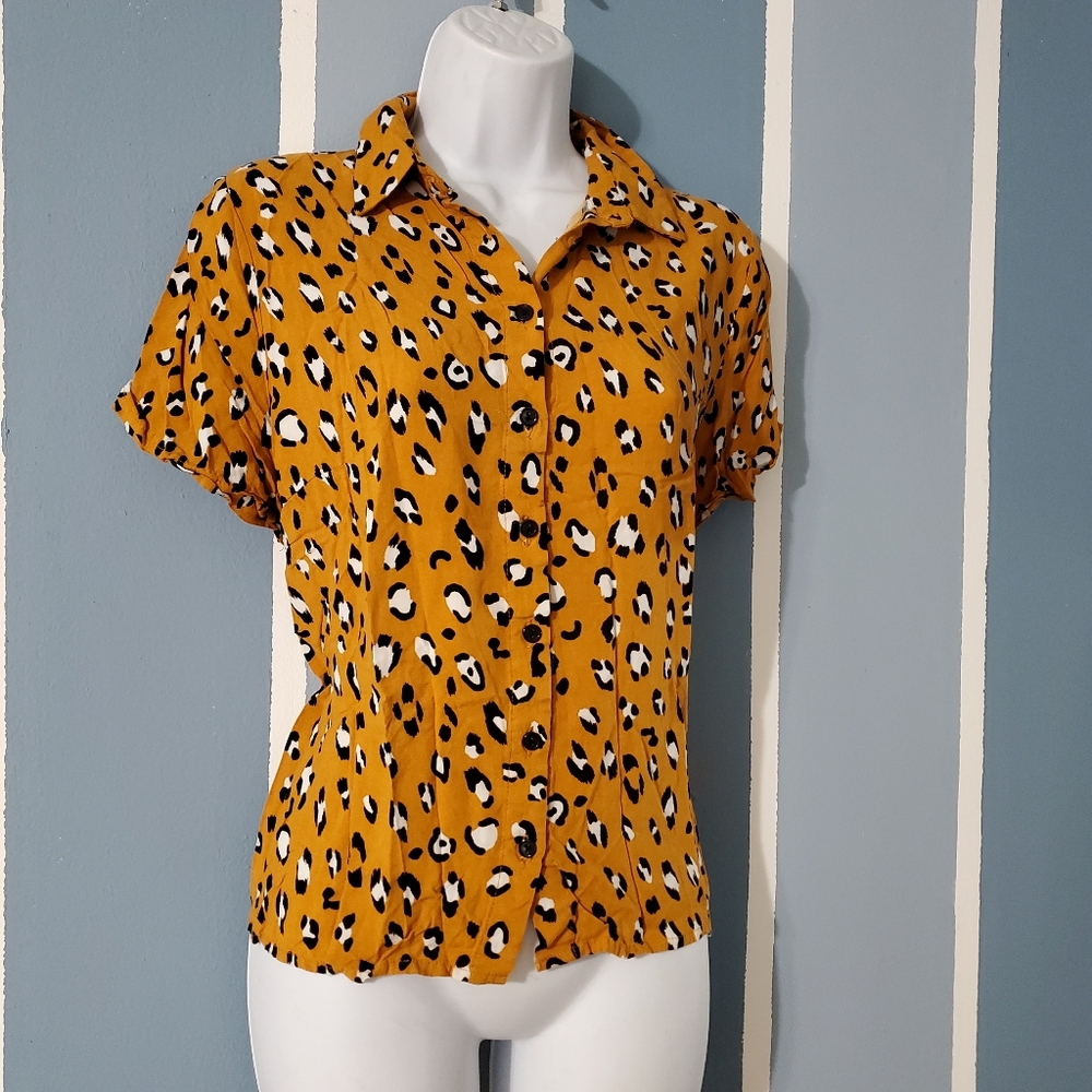 Mauve Orange and Black Leooard Print Button Down Shirt